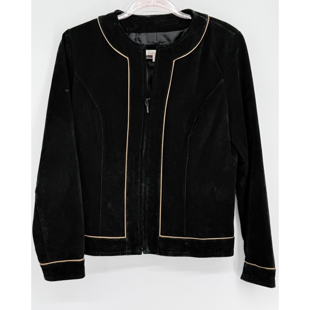Yvonne & Marie Black Suede Leather Jacket Collarless Zip Front Tan Trim Sz 8